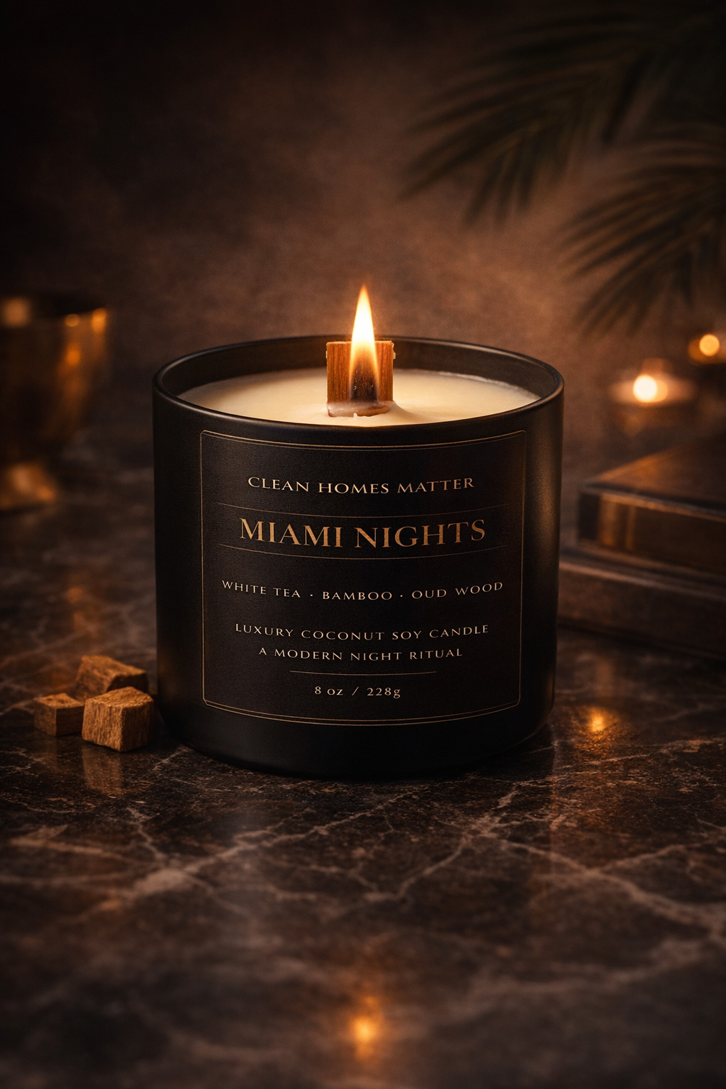 Miami Nights – White Tea, Bamboo & Oud Wood Luxury Candle | wooden wick
